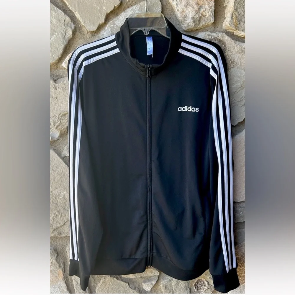 adidas 3 Stripe Jacket Size Large‎ Black Knit Zip Front Logo Excellent